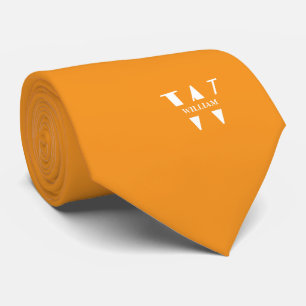 Carrot Orange Colour Elegant Monogram + Name Tie