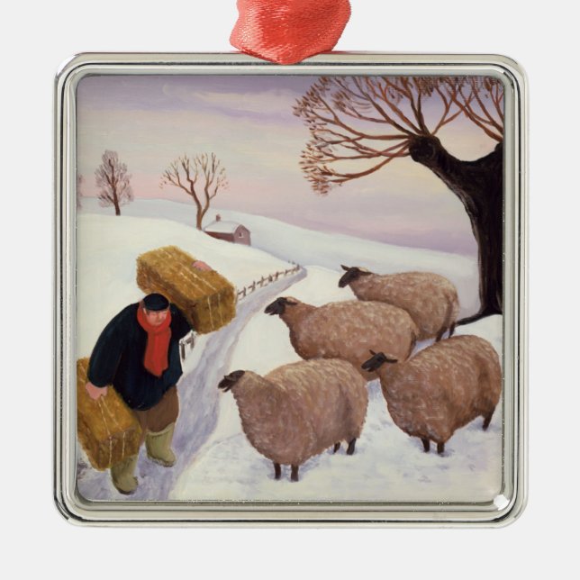 Carrying Hay to the Sheep in Winter Metal Tree Decoration (Front)