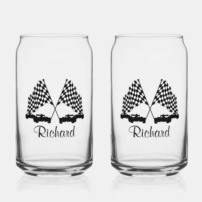Cars and Chequered Flag Race Personal Can Glass (Front)