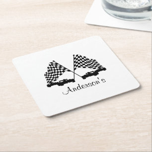 Cars and Chequered Flag Race Personal Square Paper Coaster