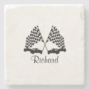 Cars and Chequered Flag Race Personal Stone Coaster