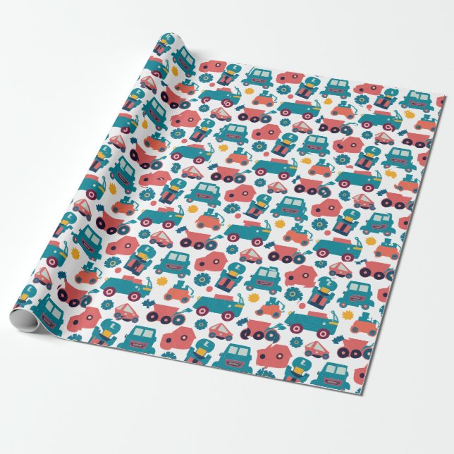 Cars and Trucks and Blue Flowers Wrapping Paper (Unrolled)