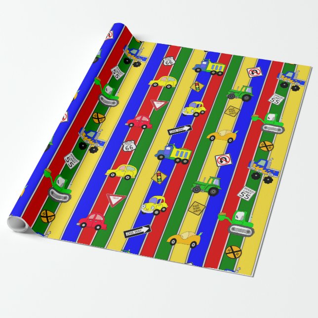 Cars and Trucks Blue, Green and Yellow Boy's Wrapping Paper (Unrolled)
