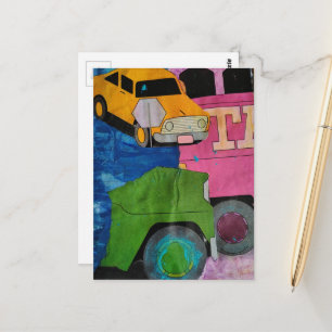 Cars and Trucks mixed media collage Postcard