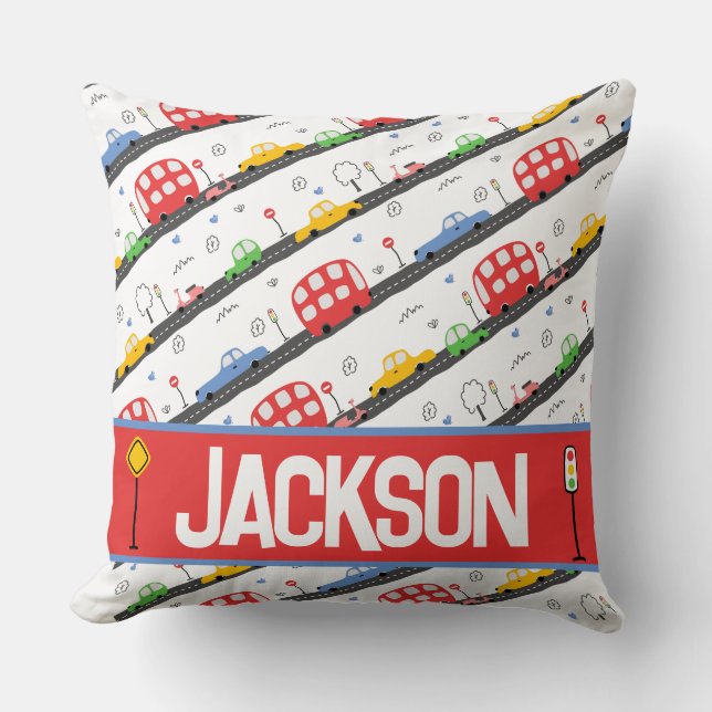 Cars and Trucks Primary Colours Patterned  Cushion (Front)