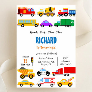 Cars and Trucks Red Transportation 5th Birthday Invitation