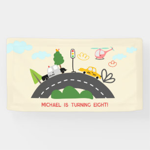 Cars and vehicles on the road boy birthday banner