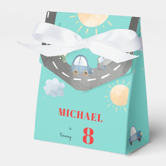 Cars and vehicles on the road boy birthday favour box (Front Side)