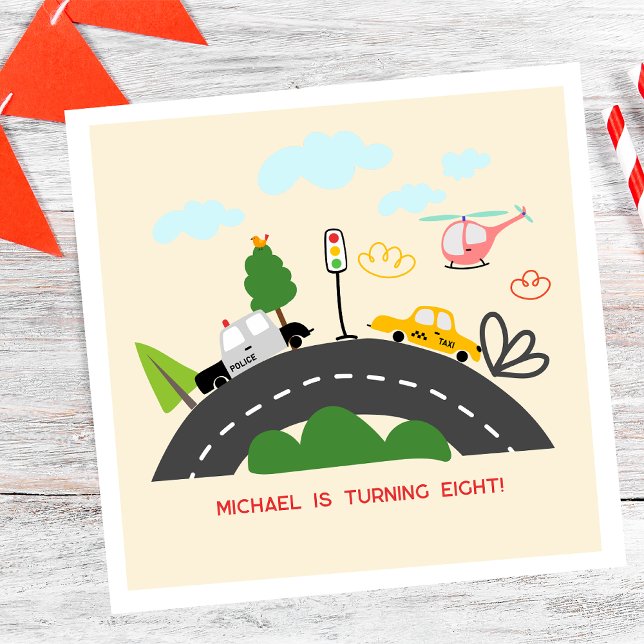 Cars and vehicles on the road boy birthday napkin (Creator Uploaded)