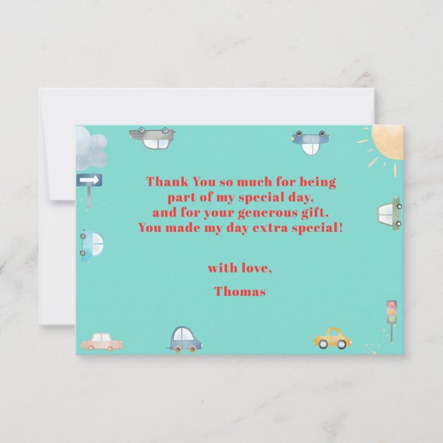 Cars and vehicles on the road boy birthday thank you card (Front)