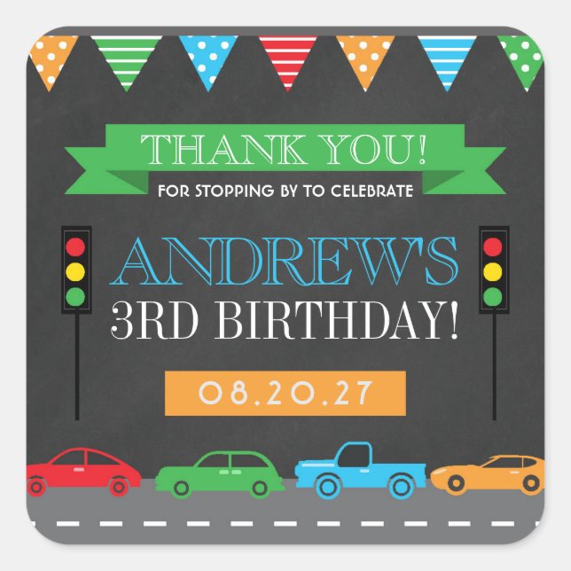 Cars Chalkboard Birthday Party Thank You Square Sticker (Front)