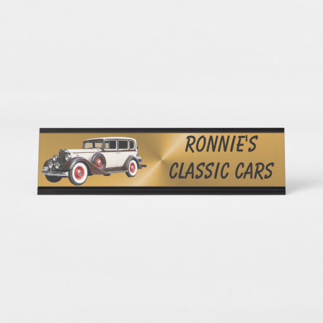 CARS ON BRUSHED GOLD DESK NAME PLATE (Front)
