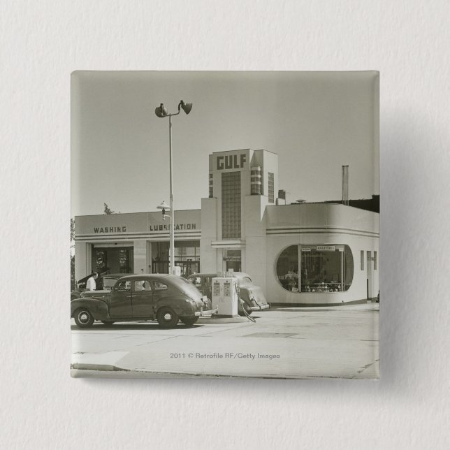 Cars parked at gas station 15 cm square badge (Front)