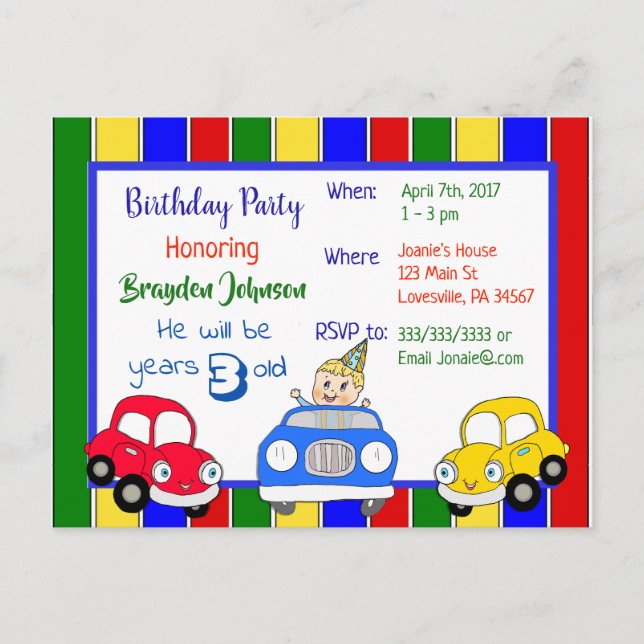 Cars Red Blue Green Boy's Birthday Invitation (Front)