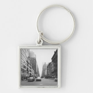 Cars riding on city street B&W Key Ring