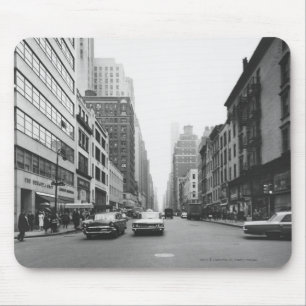 Cars riding on city street B&W Mouse Mat