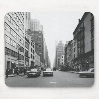 Cars riding on city street B&W Mouse Mat