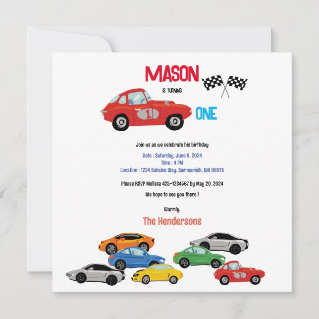 Cars themed first birthday party invitation (Front)