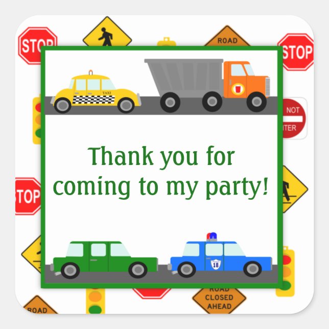 Cars, Trucks and Street Signs Birthday Party Square Sticker (Front)