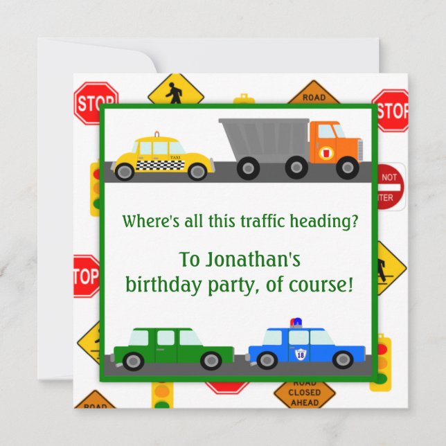 Cars, Trucks and Street Signs Children's Birthday Invitation (Front)