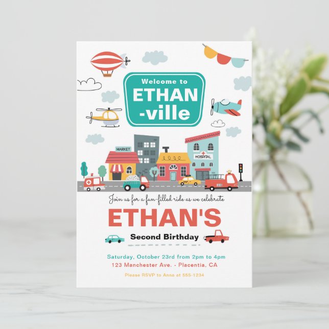 Cars & Trucks City Transportation birthday Party Invitation (Standing Front)