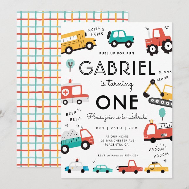 Cars & Trucks City Transportation birthday Party Invitation (Front/Back)