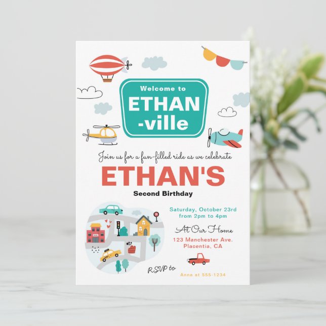 Cars & Trucks City Transportation birthday Party Invitation (Standing Front)