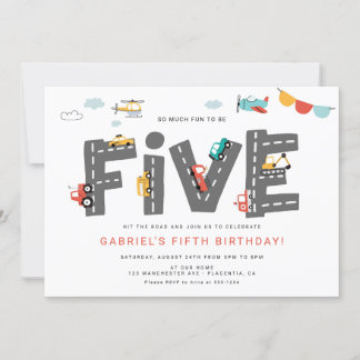 Cars & Trucks City Transportation FIFTH Birthday Invitation