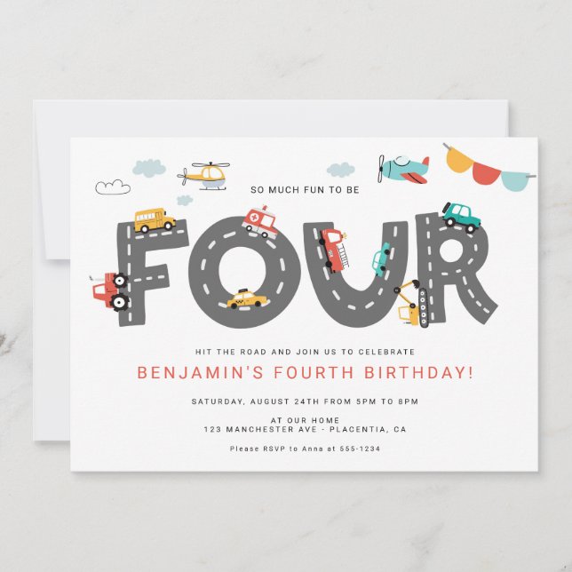 Cars & Trucks City Transportation FOURTH Birthday Invitation (Front)