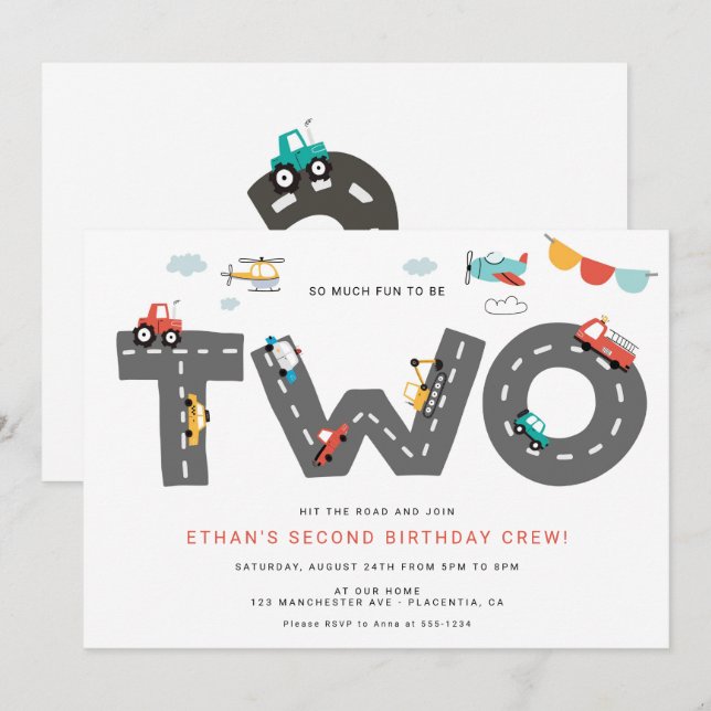 Cars & Trucks City Transportation SECOND Birthday Invitation (Front/Back)