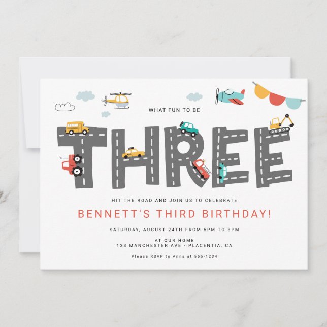 Cars & Trucks City Transportation THIRD Birthday Invitation (Front)