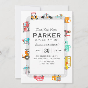 Cars Trucks Street Kids Transportation Birthday Invitation