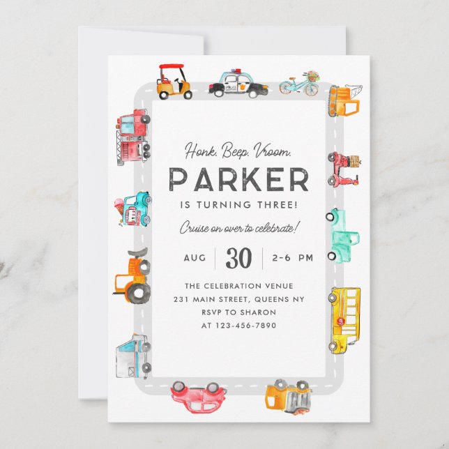 Cars Trucks Street Kids Transportation Birthday Invitation (Front)