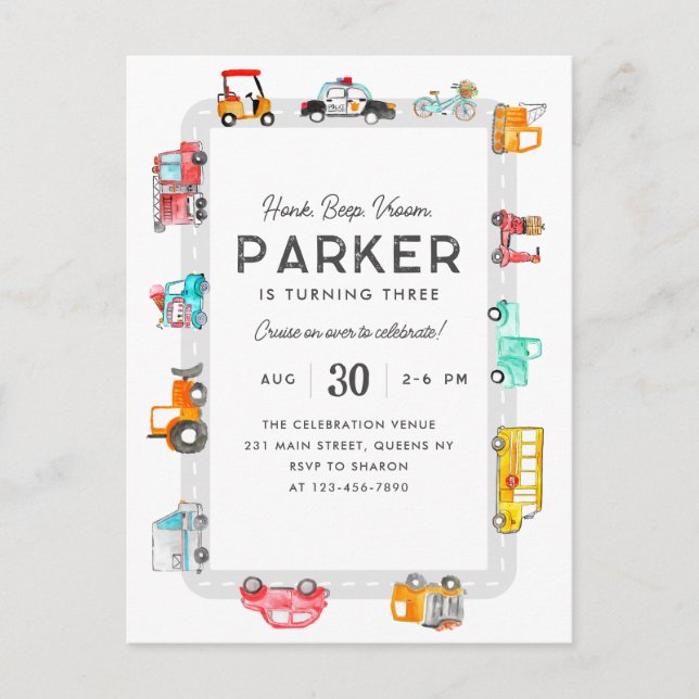 Cars Trucks Street Kids Transportation Birthday Postcard (Front)