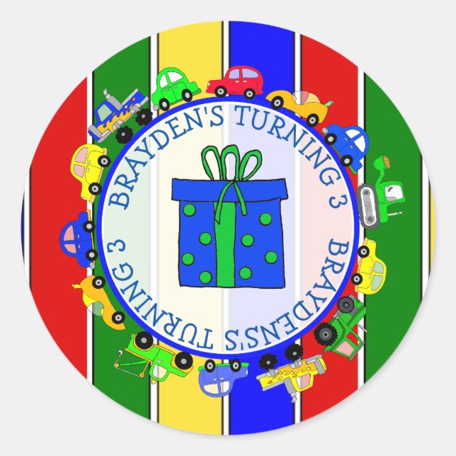 Cars, Trucks, Tractors Boy's Birthday Stickers (Front)