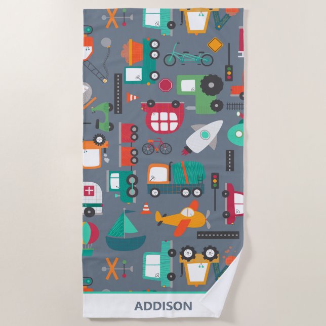 Cars Trucks Vehicles Kids Pattern Personalised Beach Towel (Front)