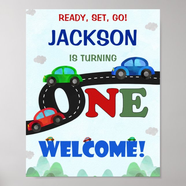 Cars welcome party sign Driver 1st birthday poster (Front)