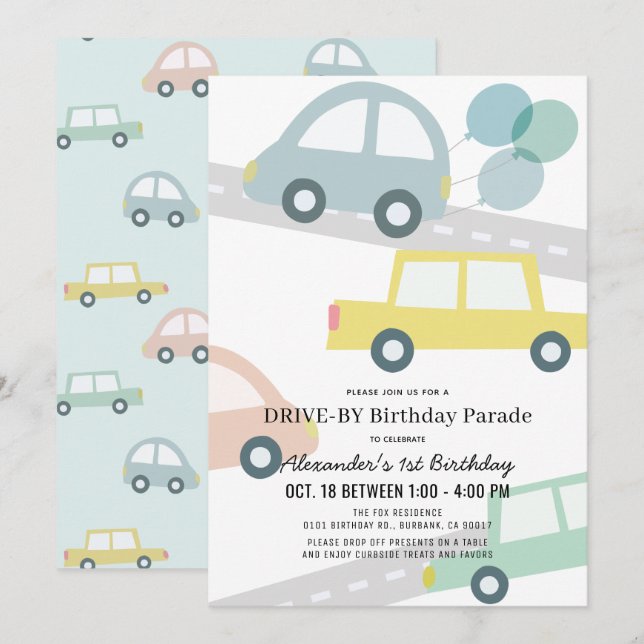Cars with Balloons Blue Boy Drive-by Birthday Invitation (Front/Back)