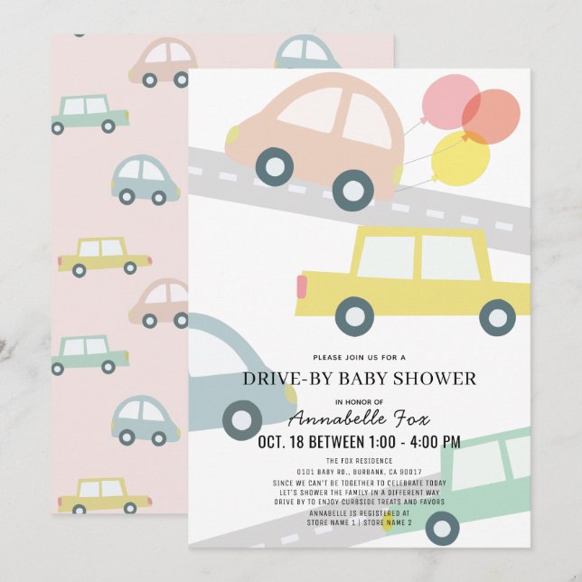 Cars with Balloons Pink Girl Drive-by Baby Shower Invitation (Front/Back)