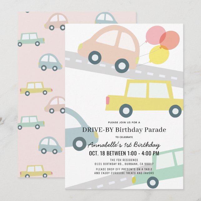 Cars with Balloons Pink Girl Drive-by Birthday Invitation (Front/Back)