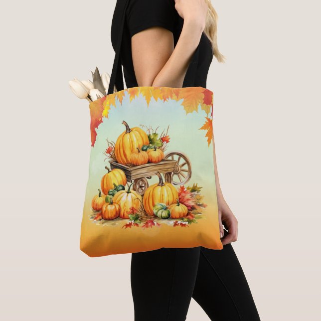 Cart of Pumpkins Fall Leaf Border Orange Halloween Tote Bag (Close Up)