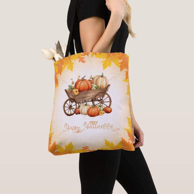 Cart of Pumpkins Fall Leaf Border Orange Halloween Tote Bag (Close Up)
