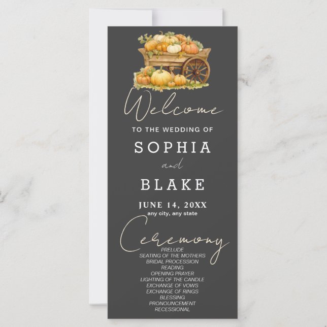Cart of Pumpkins Fall Shadow Grey Wedding Program (Front)