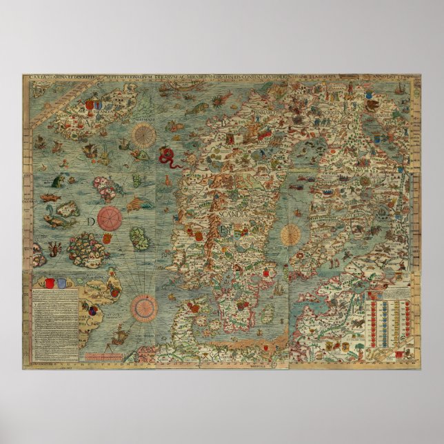 Carta Marina Map of Scandinavia by Olaus Magnus Poster (Front)
