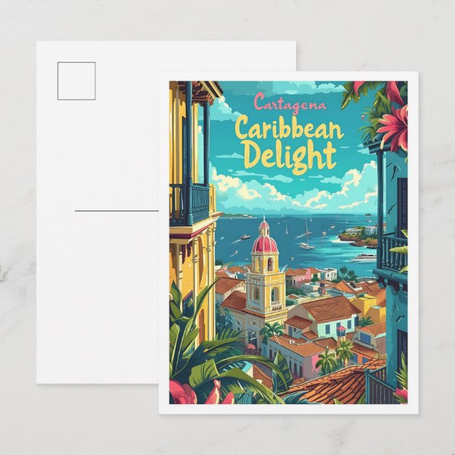 Cartagena Colombia Vintage Art Travel Illustration Postcard (Front/Back)
