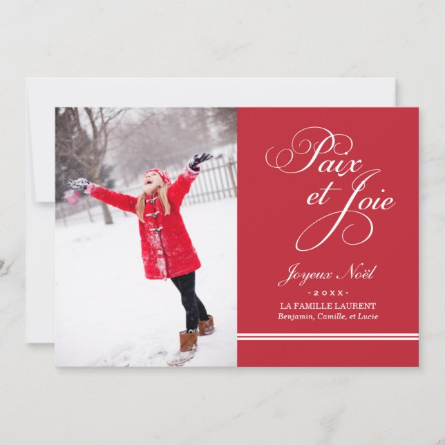 Carte Photo de Vacances | Paix et la Joie en Rouge Holiday Card (Front)