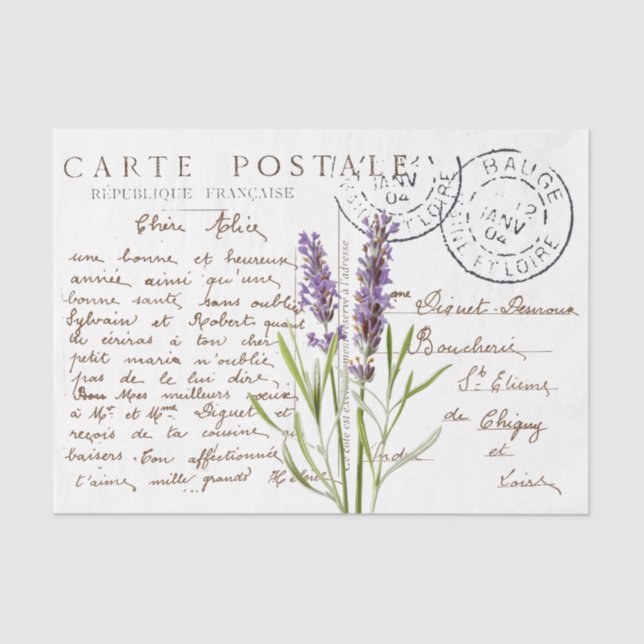 Carte Postale French Script Lavender Flower Craft Tissue Paper (Front)