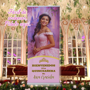 Cartel de Bienvenida Quinceanera Rosa Dorado  Retractable Banner
