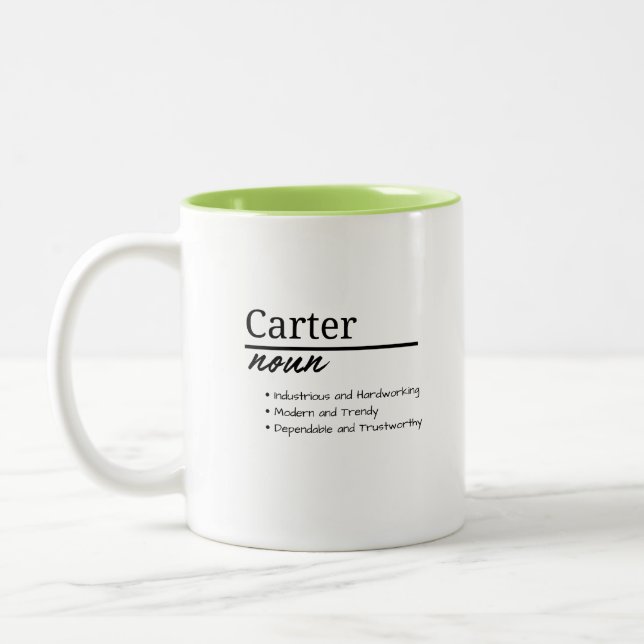 Carter, Boy Personalised Name Definition Two-Tone Coffee Mug (Left)