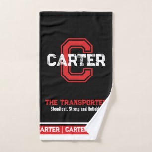 Carter name meaning sports monogram black red bath towel set